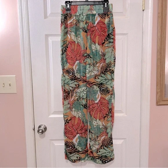 PrettyLittleThing Orange Big Leaf Wide Leg Beach Trousers Woman's Cover Up Sz 8 - Picture 2 of 7